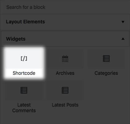 Adding a shortcode is done by using the shortcode block